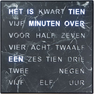 Intertime | Woordklok | Wandklok | Tafelklok | 28x28 | Zwart/ Marmer | Nederlands