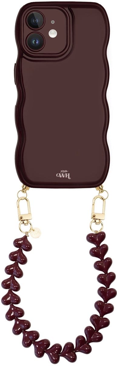 xoxo Wildhearts Glossy Wavy Cord Case Burgundy - Funky Hearts (Burgundy) - geschikt voor iPhone 12 - hoesje met koord - telefoonkoord met hartjes - golvend hoesje - silicone case - schokbestendig - bordeaux rood