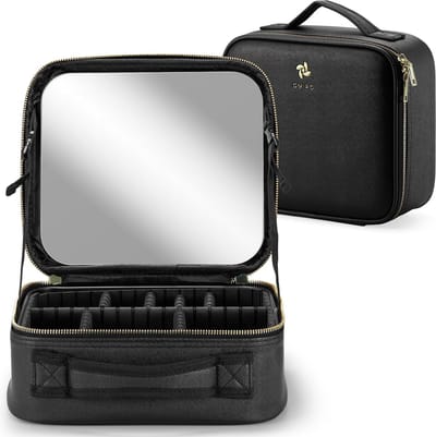Cosmetische tas met groot verlicht spiegel, Afneembare make-uptas, Professionele make-up tas met make-up spiegel, Toilettas, Organizer met cosmetische spiegel voor onderweg, Geen verlichting.