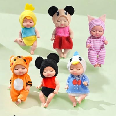 6 Pcs Mini Herboren Poppen, Mini Siliconen Babypop Tiny met Kleding, Levensechte Kleine Slapende Wedergeboorte Poppen, Mini Babypoppen 4.3 Inch, voor Meisjes Jongens Kids Gift (animatie)