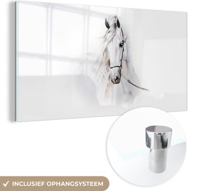 MuchoWow® Glasschilderij 40x20 cm - Schilderij acrylglas - Paard - Waterverf - Dieren - Wit - Foto op glas - Schilderijen
