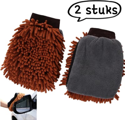 2-delige autowashandschoenen - microvezelmateriaal - krasbestendig, pluisvrij - premium chenille microvezel autowashandschoenen - bruin