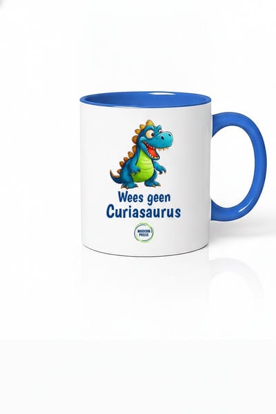 Grappige Mok Dinosaurus 'Wees Geen Curiasaurus' – Blauwe T-Rex – Cadeau Collega – Wit met Blauw – Keramiek 330 ml
