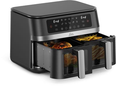 Solis Air Fryer Duo Dubbele Airfryer met 2 Lades - 2200W - Multifunctionele Heteluchtfriteuse - PFAS-vrij - Kijkvenster - 11L - 10 Verschillende Programma's – Zwart