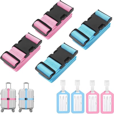 Verstelbare Bagagestraps Set van 4, Inclusief Adreslabel, Kleurige Reisaccessoires voor Veilig Sluiten en Identificatie van Koffers