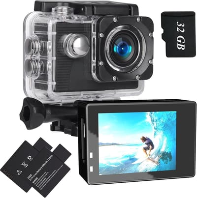 SnelShoppen - Action Camera 1080P met 32GB Kaart, Onderwater Camera tot 40m, Waterproof, Actie Camera met 2 Oplaadbare Batterijen en Accessoires