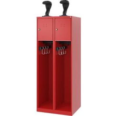 Brandweerkluis C+P Evolo Youngster, 2 vakken, met helmhouder, vloerglijders, B 600 x D 500 x H 1530 mm, RAL 3000 vuurrood