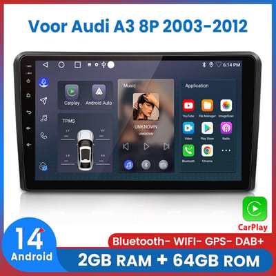 Awesafe Geschikt Voor Audi A3 (2003 t/m 2012) - 2+64GB 4Core - 9 inch Android 14.0 CarPlay Autoradio - Draadloos CarPlay & Android Auto - Bluetooth & WiFi - GPS Navigatie