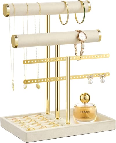 Drie-laags Armbandhouder van Beige Velvet - Verstelbare T-bar voor Sieraden, Armbanden, Kettingen en Ringen, Perfecte Organizer voor Juwelen