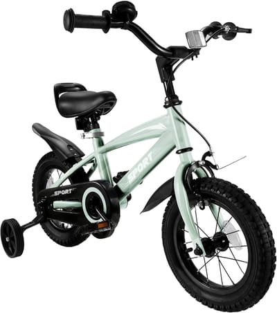 Kinderfiets - Loopfiets peuter - Leren fietsen - Verstelbaar zadel steunwielen - 12 inch - mintgrijs