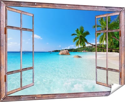 Gards Tuinposter Doorkijk Tropisch Strand en Zee - 180x120 cm - Tuindoek - Tuindecoratie - Wanddecoratie buiten - Tuinschilderij