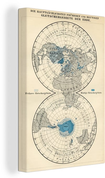 Canvas Wereldkaart - 80x120 - Wanddecoratie Gletsjers op vintage wereldkaart