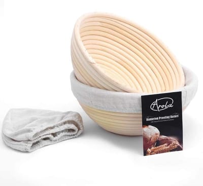 Set van 2 handgeweven ronde broodbakmanden van rotan, 22 cm met linnen voering voor thuisbakkers