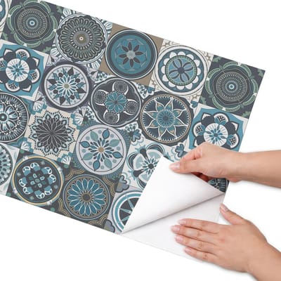 Coloray Meubel Wrap Folie - Blauw Meubelfolie - 50x100 cm - Plakfolie Meubels Mandala-tegels - Decoratiefolie Zelfklevend - Geometrische Meubelfolie - Meubelfolie Zelfklevend - Badkamer decoratie - Achtergronden en patronen