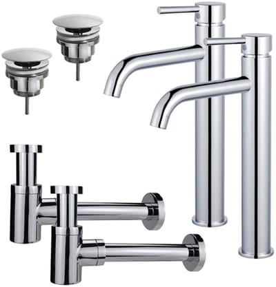 FugaFlow Eccelente Sobrado Badkamer Wastafelkraanset - voor dubbele wastafel - verhoogde wastafelkraan - always open plug - verlaagde design sifon - Chroom
