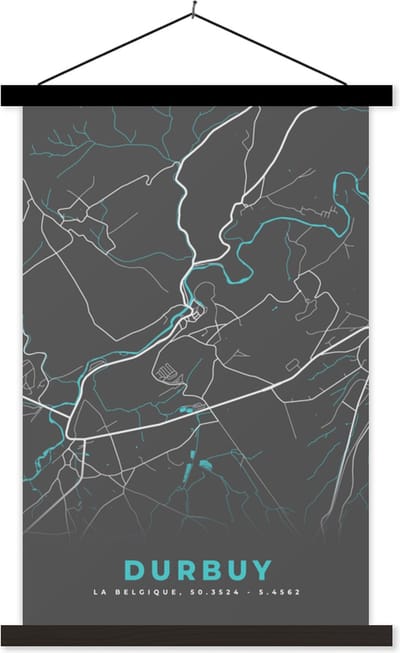 Posterhanger incl. Poster 40x60 cm - Schoolplaat - Kaart – Plattegrond – Stadskaart – Durbuy – België - Grijs - Textielposter - Zwarte latten - Stadskaart