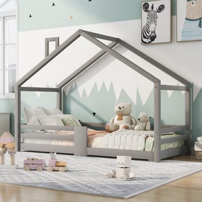 Gutent Kinderbed, Grijs (Zonder matras) , Kinderbed met Schoorsteen, Valbeveiliging, Stevige lattenbodem, Grenen, Kinderbed 90 x 200 cm