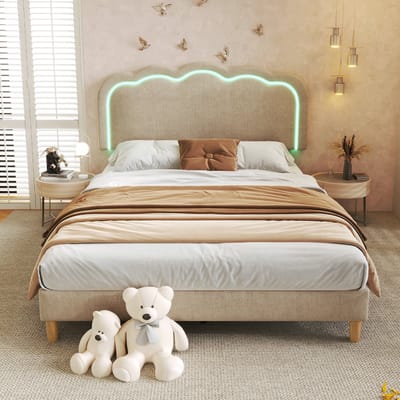 VVBV Gestoffeerd Bed 140x200 cm - LED-Verlichting, Verstelbaar Hoofdbord, Voor Slaapkamer/Gastenkamer - Linnen Beige