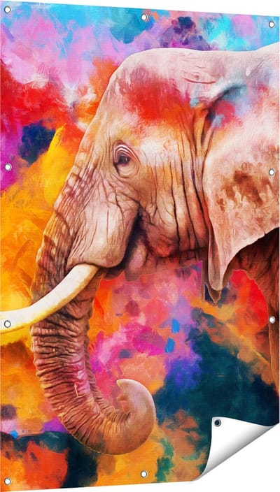 Gards Tuinposter Kleurrijke Olifant - Abstract - 80x120 cm - Tuindoek - Tuindecoratie - Wanddecoratie buiten - Tuinschilderij