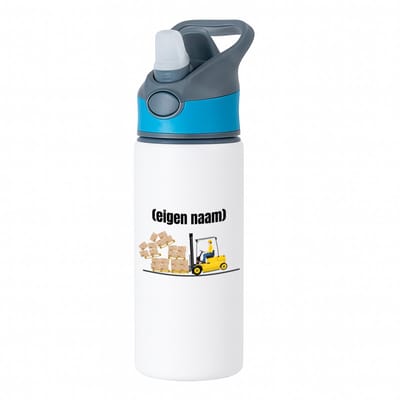 Hacebo® - heftruck met vallende pallet met eigen naam waterfles met rietje blauw - Heftruck - mensen die werken in de magazijn - collega's - verjaardag - afscheidscadeau - geschenk - kado - water fles - 650ML