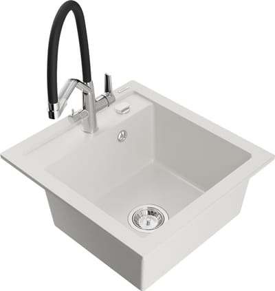 Mexen Vito granieten spoelbak 1-komerig met keukenkraan Duo, wit - 6503-20-671701-07