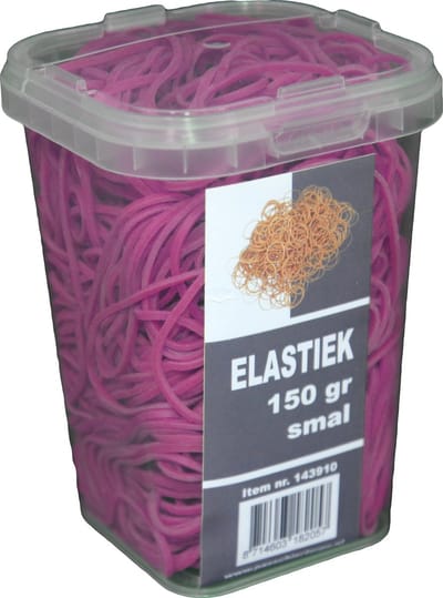 150 gram - Elastiek - roze - 60 x 1.5 mm  - in plastic pot
