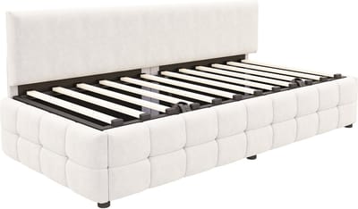 COVREO Slaapbank met opbergruimte – 202x96x78 cm – Gestoffeerd bed met rugleuning – Bed met lattenbodem – Beige - zonder matras