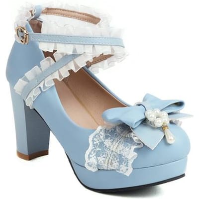 Nieuwe Lente Damesschoenen Plus Maat 22 -28cm Voetlengte Blokhak Parel Strik Kruisgesp Schattige Lolita Banketschoenen 45 blauw