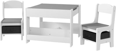 Set van 3 stuks: kindertafel en 2 stoelen met omkeerbaar bord als krijtbord, opbergmand en planken