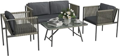 4-delige Tuinset - Loungeset met 2-Zitsbank, 2 Fauteuils, Salontafel met Glazen Blad & Kussens - Tuinmeubelset voor 4 Personen - Tuinbank - Zitset - Tuinsalon voor 4 Personen - Zitgroep - voor Terras, Balkon, Tuin - Grijs