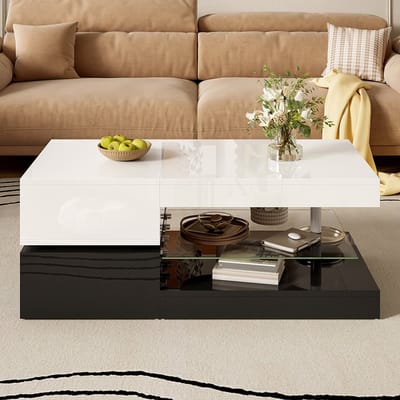 Pugsdrly Moderne salontafel met sfeerverlichting met led, bediening via app en Bluetooth, glazen tafelblad en glanzend oppervlak, zwart-wit design voor de woonkamer, 90 x 45 x 35,5 cm
