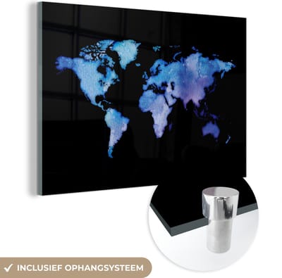 ® Glasschilderij 180x120 cm - Schilderij acrylglas - Wereldkaart - Waterverf - Paars - Foto op glas - Muurdecoratie woonkamer - Wanddecoratie slaapkamer - Schilderijen