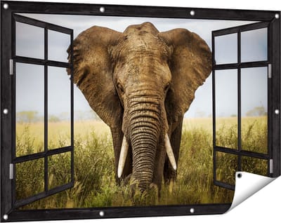 Gards Tuinposter Doorkijk Olifant in het Wild - Kleur - 120x80 cm - Tuindoek - Tuindecoratie - Wanddecoratie buiten - Tuinschilderij