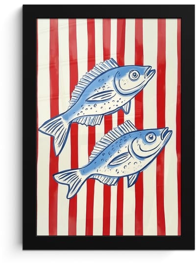Poster in lijst - Fotolijst 20x30 cm - Posters - Vissen - Verticale strepen - Blauw - Rood - Posterlijst zwart - Decoratie - Wanddecoratie woonkamer - Muurdecoratie slaapkamer
