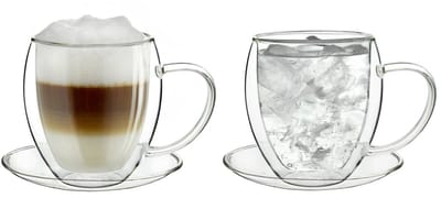 Creano dubbelwandig thermoglas 250ml, set van 2, groot hittebestendig theeglas of koffieglas van borosilicaatglas, kopje met schotel, glas