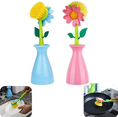 2 stuks reinigingsborstel - panborstel - afwasborstel - lange steel afwasborstel - vetvrij - met houder - schoonmaakaccessoires - geschikt voor keuken, restaurant, eetzaal (meerdere kleuren, 27*27*6,5 cm)