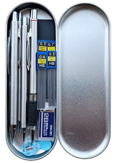 Metalen Mechanische Potloodset met Penbox – Loden Gumpuntenslijper – Set met 0.3, 0.5, 0.7, 0.9, 1.3, 2.0mm – Automatisch Potlood voor Kunst & Schetsen