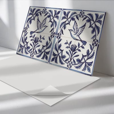 Wallfluent Vinyl Tegels - Vogel tussen Planten Motief Zelfklevende Vinyl Tegels - 40 cm x 20 cm - Blauw Vinyl Tegels - Verpakking van 10 stuks - Rechthoek PVC Tegels - Bloemen en Planten Plaktegels - Vinyl Wandtegels - Plaktegels Keuken en Badkamer