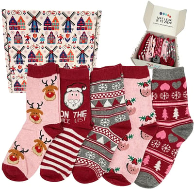 Tutti Footi - Kerstsokken Set Dames - Yrsa - 5 paar - maat 36-41 - Kerst Warme Sokken met Rendieren, Kerstman, Sneeuwvlokken etc. - Rood/Roze/Wit