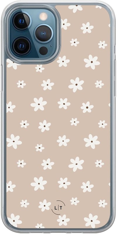 Hoesje geschikt voor iPhone 12 - Cute flowers - 2in1 backcover - Bloemen - Beige - Leuke Telefoonhoesjes