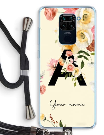 Gepersonaliseerd - Case Company® - Hoesje met koord geschikt voor Xiaomi Redmi Note 9 hoesje met Koord - Flirty Flowers Monogram - Telefoonhoesje met Zwart Koord - Bescherming aan alle Kanten en Over de Schermrand