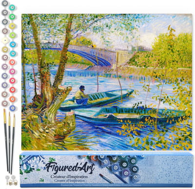 Figured'Art Schilderen op Nummer Volwassenen canvas Vissen in de lente, Brug van Clichy - Van Gogh - Handwerk acrylverf Kit DIY Compleet - 40x50cm zonder frame