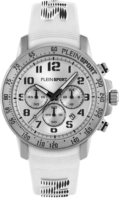 Plein Sport Chronorace Quartz Chronograaf Horloge Wit Kast Gemaakt Van 100% Gerecycled Roestvrij Staal En Een Armband Van 100% Siliconen 45 PSJGA0126, PSJGA0226, PSJGA0326, PSJGA0526