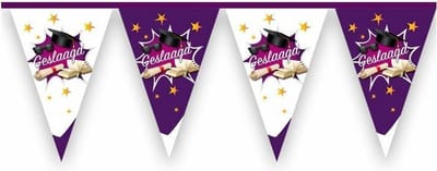 Haza Vlaggenlijn geslaagd thema - 10 meter - paars/wit - plastic - diploma examenfeest hangdecoratie