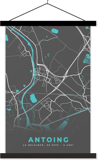 Posterhanger incl. Poster 40x60 cm - Schoolplaat - België – Antoing – Stadskaart – Kaart – Blauw – Plattegrond - Textielposter - Zwarte latten - Stadskaart