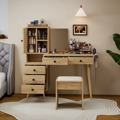 Sweiko Kaptafel – Inclusief kruk – Met spiegel – 5 lades – Opbergruimte – Houtlook – Natuurlijke