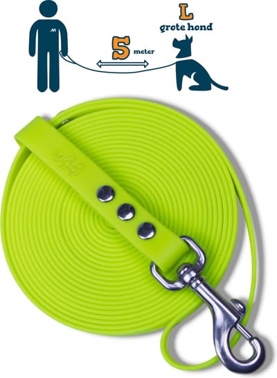 Miqdi lange lijn – BioThane® - neon geel – 5meter lang – 19mm breed – L/XL - grote hond – lange hondenriem