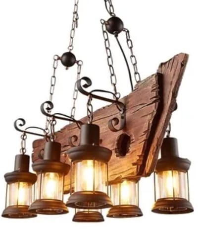 Industriële Hanglamp Hout - 6 Lichtpunten - Vintage Boot-Design - Rustieke Eettafel Verlichting - Verstelbaar - Exclusief Lampen