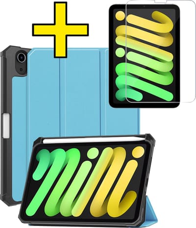 Hoes - Geschikt voor Apple iPad Mini 7 (2024) - 8.3 inch - 7e Generatie - Met Screenprotector - Trifold Bookcase - Hard Cover Case - Met Uitsparing Geschikt voor Apple Pencil - Hardcover Book - Tablet Hoesje - Lichtblauw