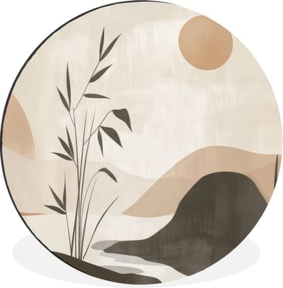WallCircle - Wandcirkel - Muurcirkel - Japandi - Landschap - Beige - Aluminium - Dibond - 30x30 cm - Binnen en Buiten